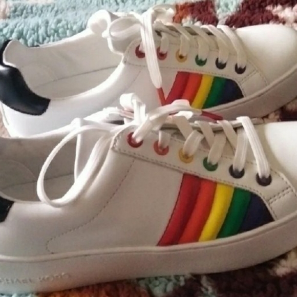 Michael Kors Poppy White Lace Up Rainbow Sneakers - Picture 2 of 4